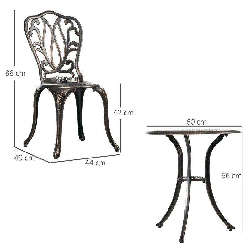 Outsunny 3 Piece Garden Bistro Set, Cast Aluminium Outdoor Furniture Set with Umbrella Hole for Balcony, Porch, Patio, Bronze Tone