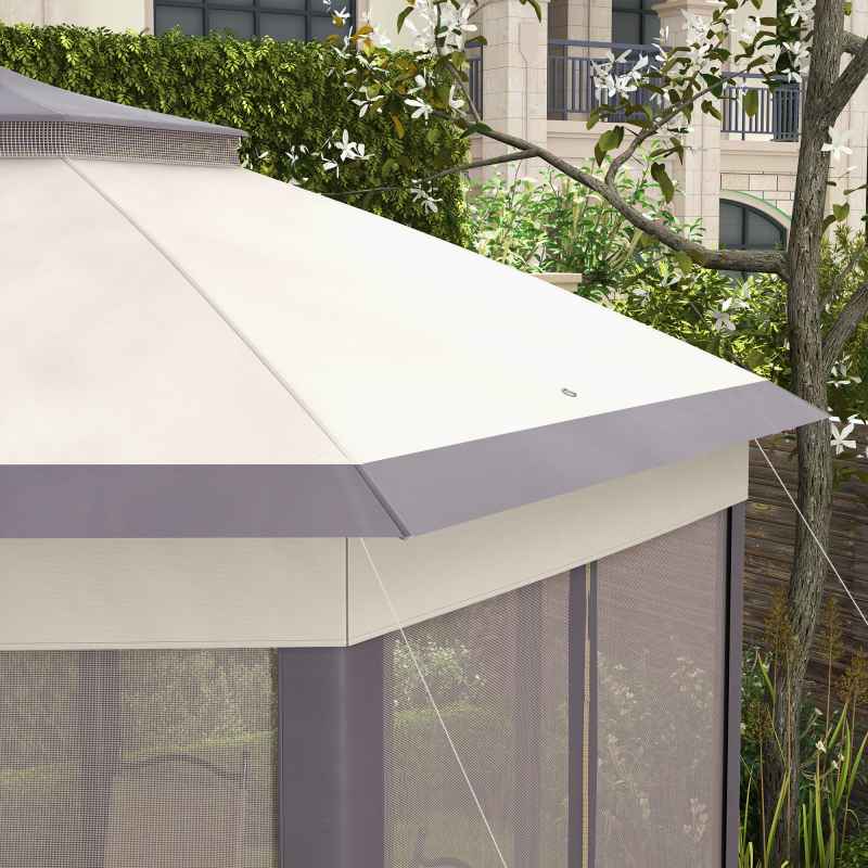 Outsunny 3 x 4m Garden Gazebo Hexagon Pop Up Gazebo Party Tent Canopy Double Roof Instant Shelter with Netting and Carry Bag for Outdoor Patio, Beige