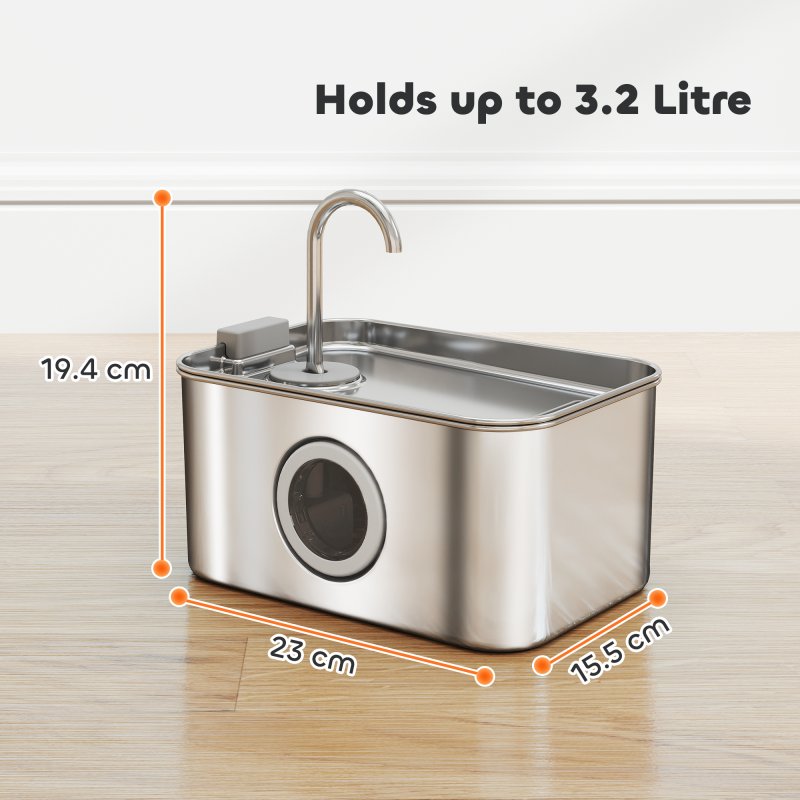 PawHut Cat Water Fountain for Drinking, 3.2L Stainless Steel Cat Fountain, Ultra-Silent, Automatic, Visible Water-Level, for Kittens, Dogs and Other Pets