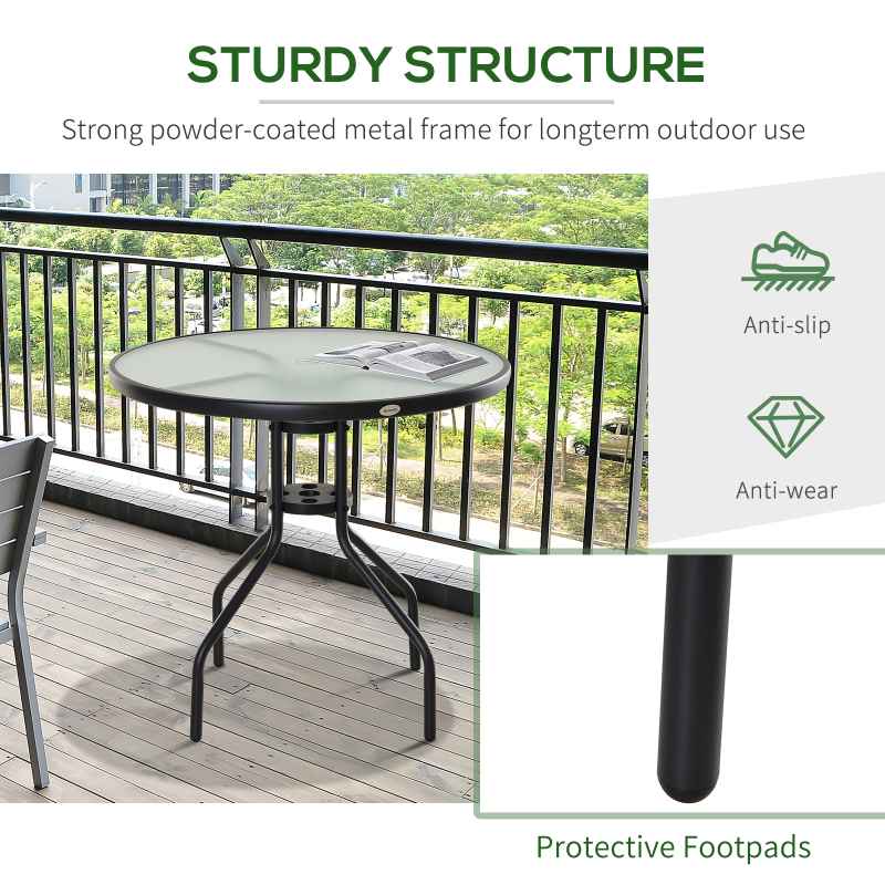 Outsunny 80 cm Round Garden Dining Table with Parasol Hole for 4, Outdoor Coffee Bistro End Side Table with Tempered Glass Top and Steel Frame for Patio, Porch, Black
