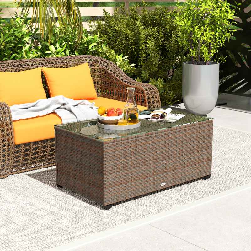 Outsunny Outdoor Coffee Table, PE Rattan Side Table with Tempered Glass Top, Wicker Rectangular Garden Coffee Table End Table with Steel Frame for Patio, Balcony, 90 x 50 x 38cm, Brown