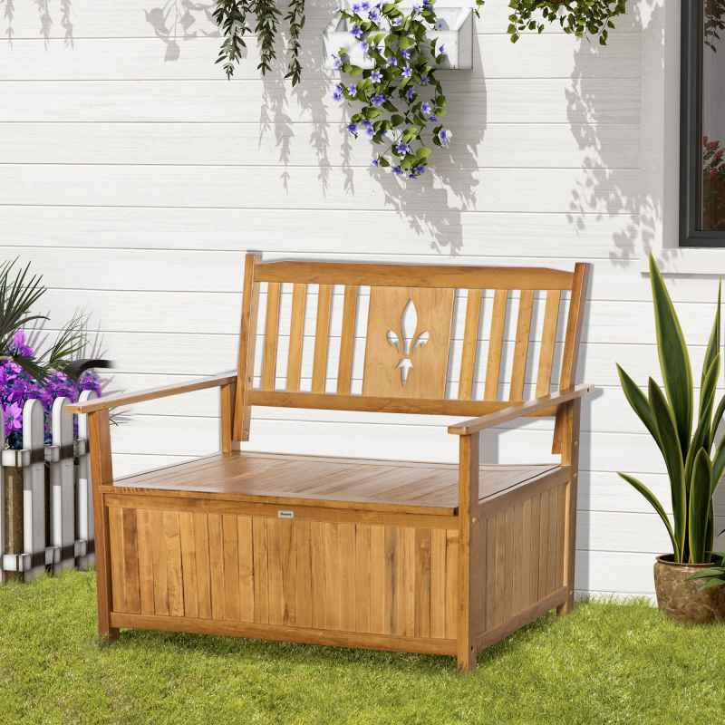 Outsunny 2 Seater Garden Storage Bench, 164L Outdoor Storage Box with Backrest Flower Pattern, Wooden Garden Bench with Armrests, 125 x 68.5 x 97cm, Natural