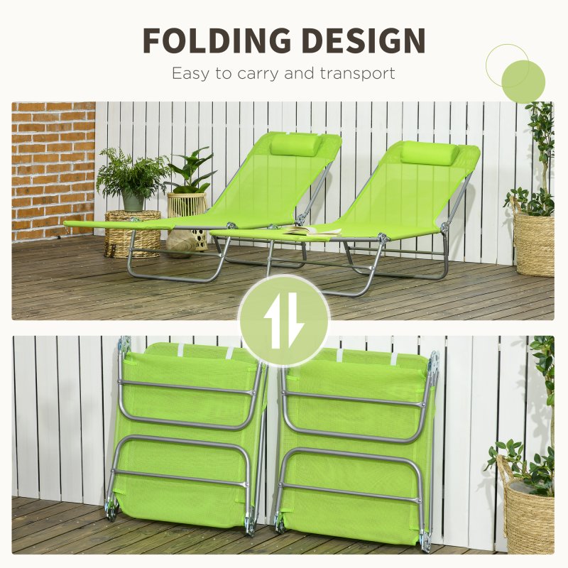 Outsunny Set of 2 Outdoor Foldable Sun Loungers, Adjustable Backrest Garden Recliner Sun Lounger Chair with Headrest Pillow, Green