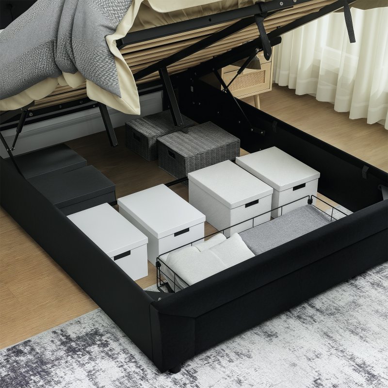 HOMCOM Double Ottoman Bed Frame, 4ft6 Gas Lift Storage Bed with 2-Level Adjustable Velvet Upholstered Headboard, Wheeled Drawer and Wooden Slats, No Mattress, Black