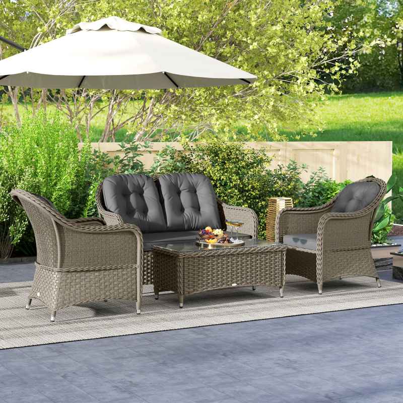 Outsunny 4 Pieces Outdoor PE Rattan Garden Furniture with Cushions, Patio Special Hand Weave Wicker Conservatory Sofa Set with Glass Top Coffee Table, Light Grey