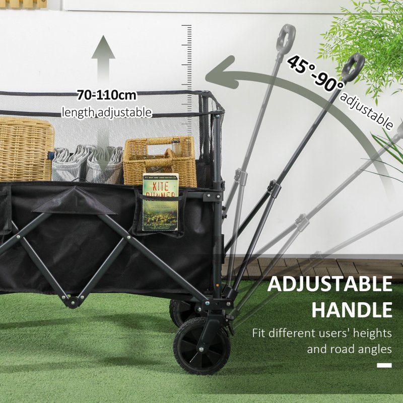 Outsunny 180L Festival Trolley on Wheels, Folding Camping Trolley Cart with Extendable Side Walls and Telescopic Handle, for Garden Beach Fishing, Black