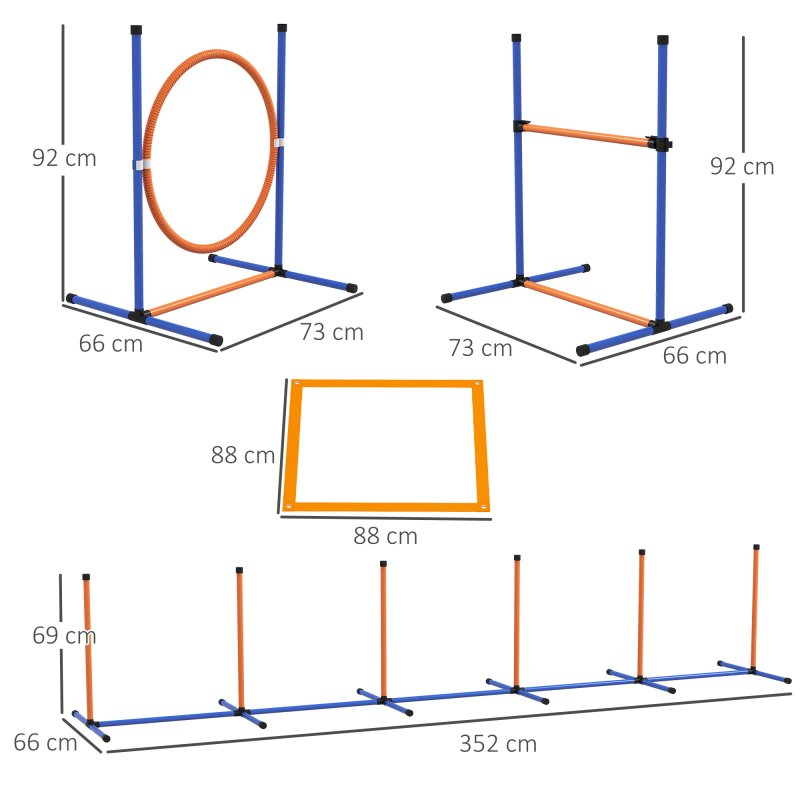 PawHut Dog Agility Training Equipment, Dog Outdoor Games with Weave Poles, Jump Ring, Pause Box, Adjustable Hurdle, Pet Obstacle Course Training Set with Carry Bag, Orange