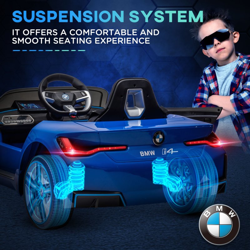 HOMCOM BMW i4 Licensed 12V Electric Car for Kids, Kids Electric Ride-on with Remote Control, Suspension Wheels, Music, Horn, Lights, MP3 Slot, Portable Battery, for Ages 3-6 Years - Blue