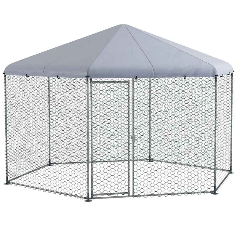 PawHut Walk in Chicken Run Chicken Coop Galvanised Outdoor Poultry Cage w/ Cover, for 10-15 Chickens, Hens, Rabbits, Ducks, 4 x 3.5 x 2.6m - Silver Tone