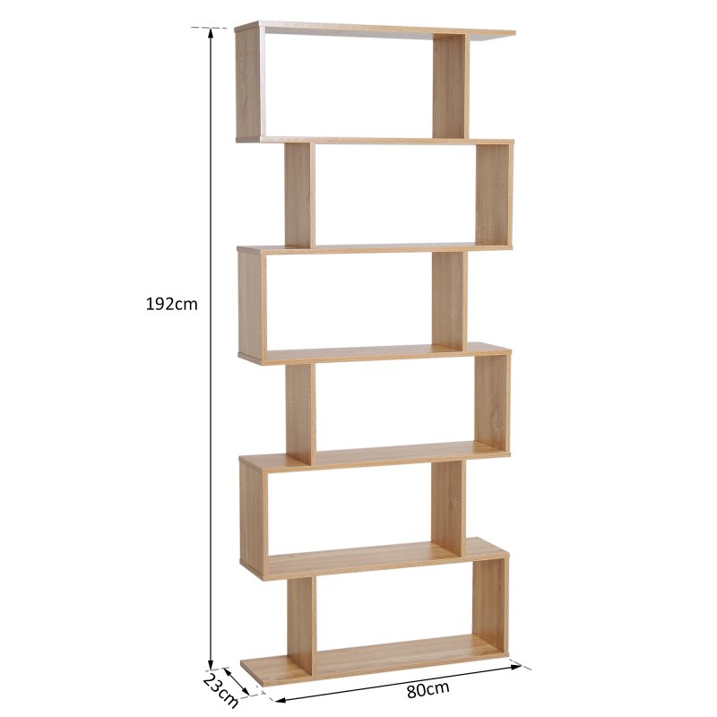 HOMCOM Bookcase, 6 Tier Shelf S Shaped Bookshelf, Storage Unit, Display Shelf for Living Room, Bedroom, Home Office, Plant