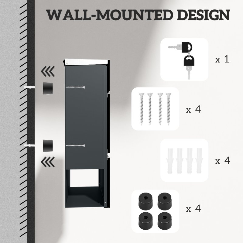 HOMCOM Wall Mounted Post Box with Viewing Window, 2 Lock, Modern Galvanised Steel Mailbox with Copper Core, Weatherproof Letterbox for Outdoor Use, Easy to Install, Silver