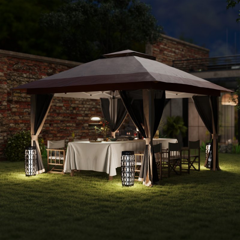 Outsunny 3.6 x 3.6m Pop Up Gazebo with Mesh Sides, UPF50+ Height Adjustable Party Tent Instant Event Shelter with Wheeled Carry Bag and Sand Bags for Garden, Patio, Beige