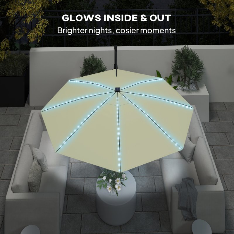 Outsunny 3(m) Cantilever Garden Parasol with Solar Powered Lights, Fibreglass Ribs, Crank Handle & Cross Base, UPF 50+, 360 Rotation, Overhanging Patio Umbrella for Patio Market, Cream