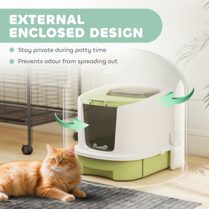PawHut Cat Litter Tray with Lid, Cat Litter Box with Deodorisation Bags, Scoop, Top Entry, Litter Tray with Drawer Pan, Green