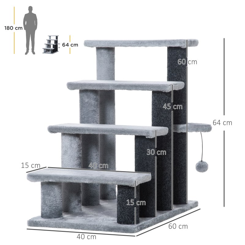 PawHut Pet Stairs, Cat Tree Climb Ladder with 4-step Stair, Scratching Posts, Platforms, Toy Ball, for Indoor Cats, Grey