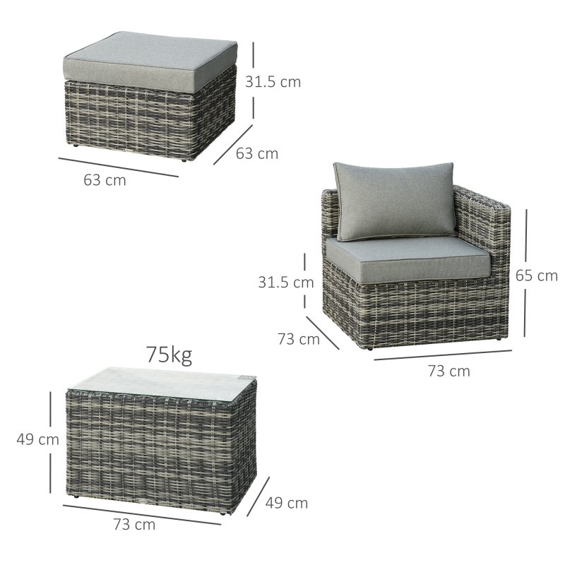 Outsunny 5 Piece Rattan Garden Furniture Set w/ 10cm Thick Cushions, Aluminium Frame Wicker Outdoor Balcony Sofa Set with Corner Armchairs, Ottomans, and Glass Top Table, Mixed Grey