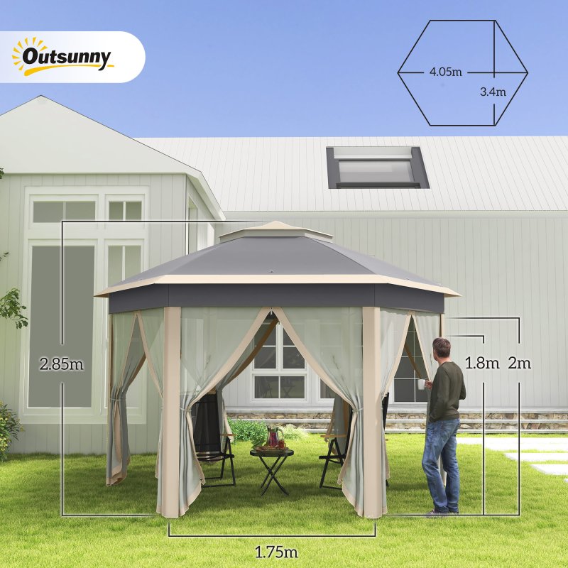 Outsunny 3 x 4m Garden Gazebo Hexagon Pop Up Gazebo Party Tent Canopy Double Roof Instant Shelter with Netting and Carry Bag for Outdoor Patio, Khaki