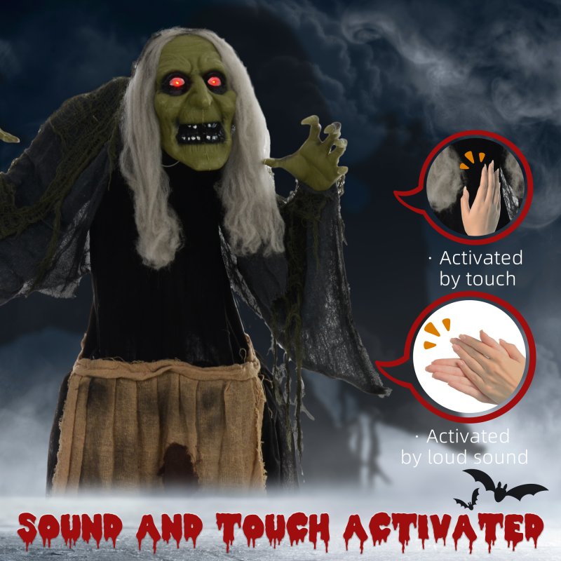 HOMCOM 160cm Witch Outdoor Halloween Decoration, Halloween Animatronic with Sound Activated, Light Up Eyes, Sound Effects, Animated Prop for Haunted House