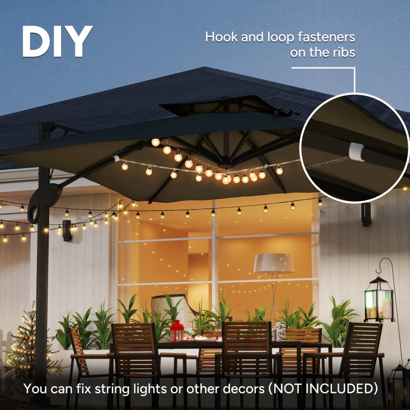 Outsunny 3 x 3 m Cantilever Parasol with Hydraulic Opening, Heavy Duty Aluminium Hanging Garden Parasol, Double Top Square Patio Umbrella with 360° Rotation, 8 Ribs, Cross Base, Grey