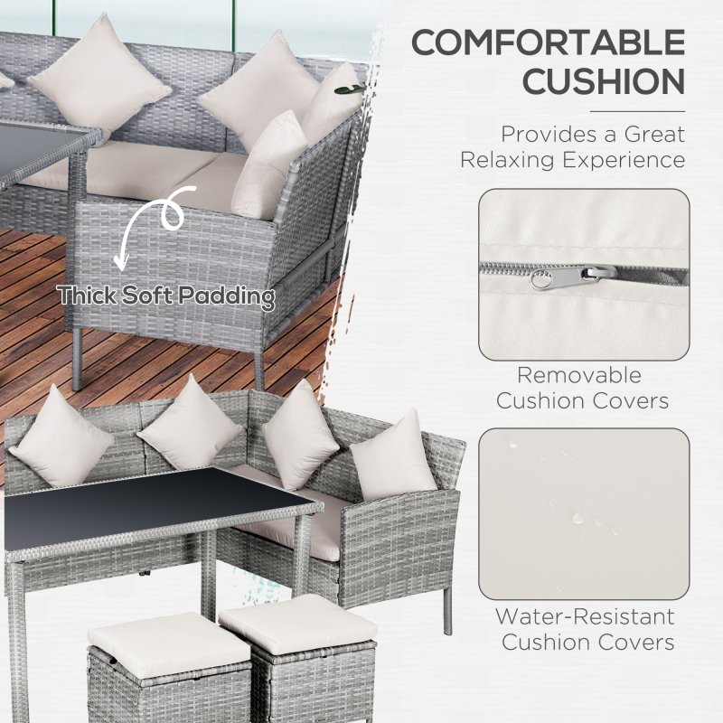 Outsunny 5 Pieces Rattan Garden Furniture Set, 6 Seater Wicker Dining Set, Corner Garden Sofa Outdoor Furniture Set with Glass Top Table, Footstool and Cushions for Patio, Beige