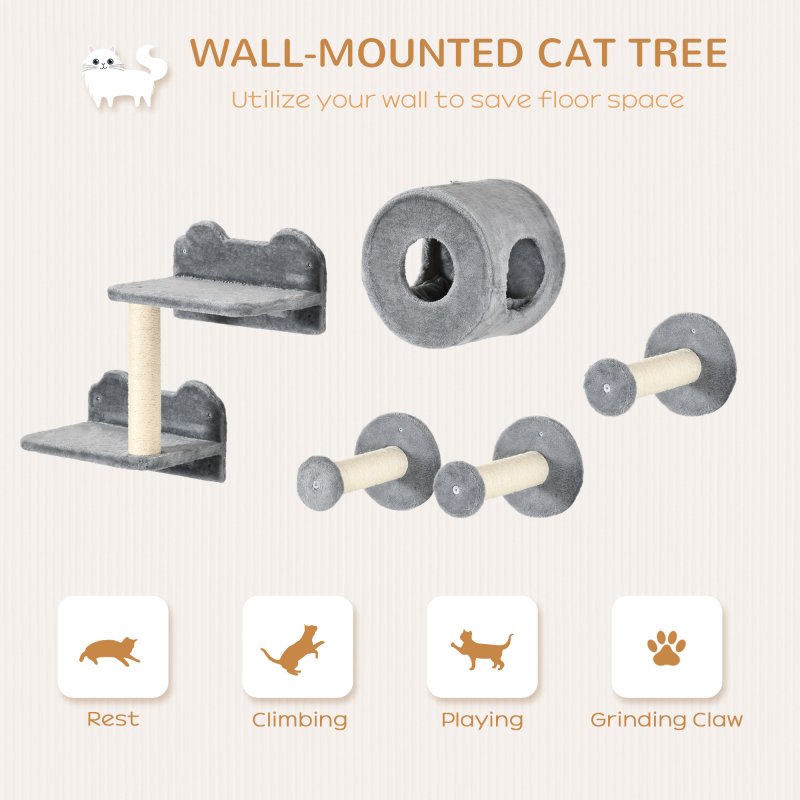 PawHut 5Pcs Cat Wall Furniture with Perch, Cat House, Scratching Post, Wall-Mounted Cat Tree for Indoor Cats - Grey