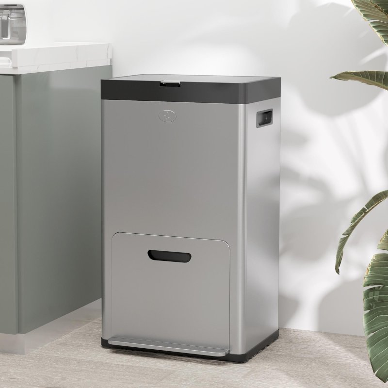 HOMCOM Kitchen Bin, 2 x 18L and 20L Volumes, Stainless Steel 3 Compartment Bin with Wheels, Soft Close Lid, Removable Inner Buckets, Fingerprint-Proof for Recycling and Waste, Silver Tone