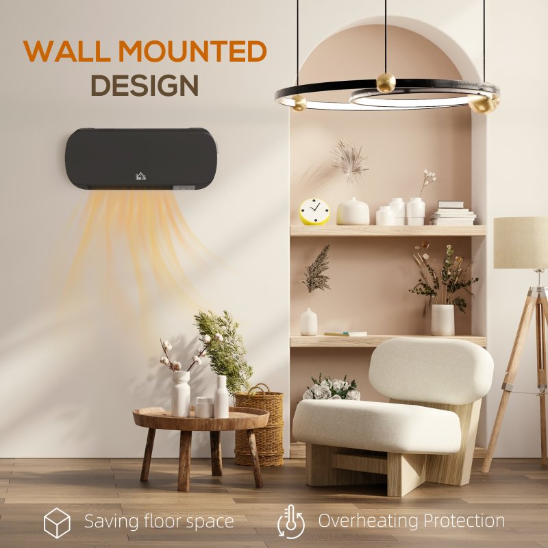 HOMCOM Electric Heater, 2000W Wall Mounted Ceramic Space Heater with Remote Control, 3 Modes, Timer, Overheat Protection for Home, Black