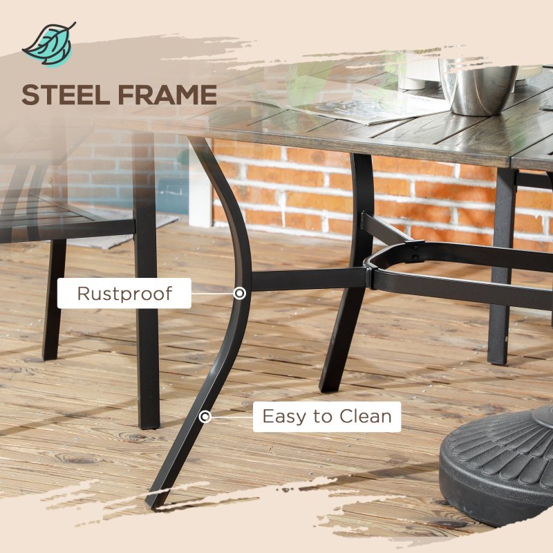 Outsunny Garden Table with Parasol Hole, Outdoor Garden Dining Table with Wood Grain Tabletop and Steel Frame for Patio, Deck, Balcony, Brown, 150 x 96 x 73cm