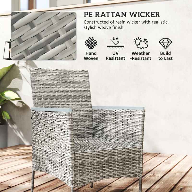 Outsunny Rattan Dining Set, 4 Seater Rattan Garden Furniture Set with 50mm Parasol Hole, Outdoor Garden Table and Chairs with Cushions, Slatted Wood Tabletop for Patio, Conservatory, Grey
