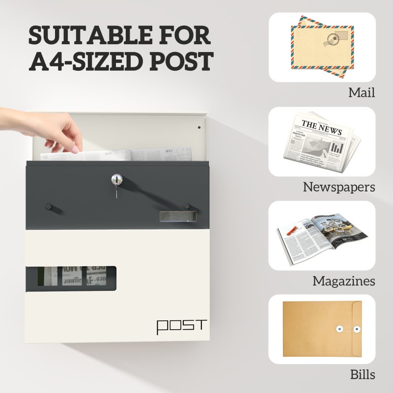 HOMCOM Wall Mounted Post Box with Viewing Window, 2 Lock, Modern Galvanised Steel Mailbox with Copper Core, Weatherproof Letterbox for Outdoor Use, Easy to Install, White