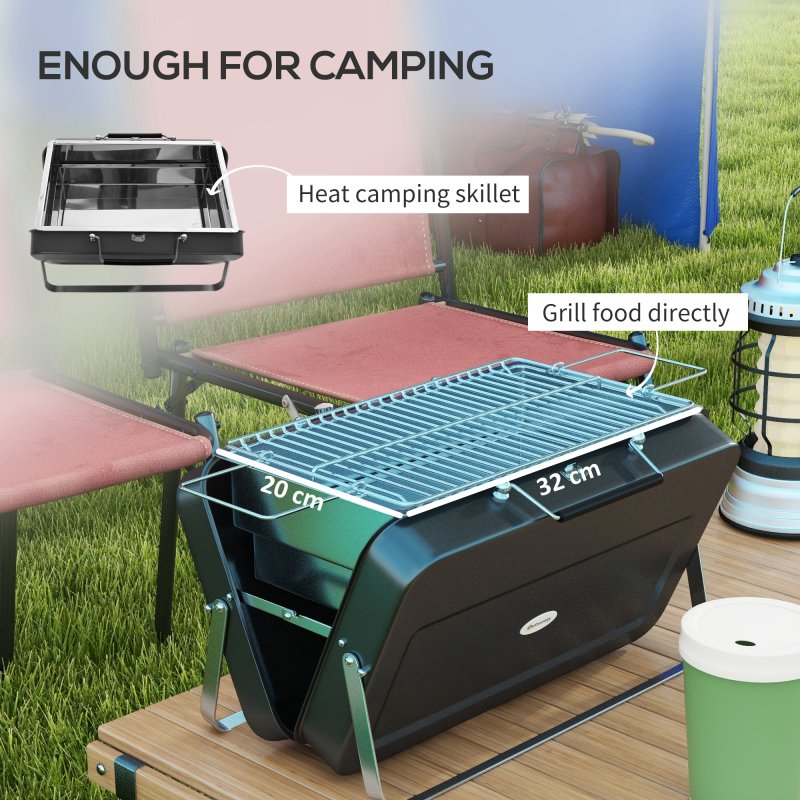 Outsunny Portable Mini Charcoal Barbecue Grill with Suitcase Shell, Outdoor Folding Tabletop BBQ Grill for Garden Camping Picnic Party, Black