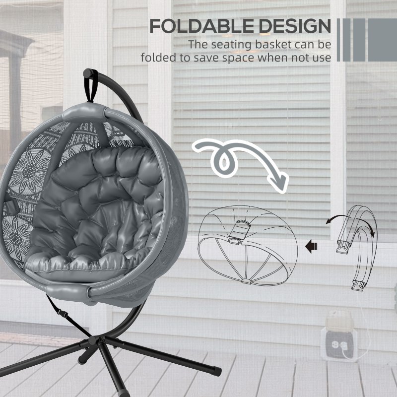 Outsunny Outdoor Hanging Chair, Swing Chair with Metal Stand, Thick Padded Cushion, Foldable Basket and Side Pocket, for Indoor and Outdoor, Charcoal Grey