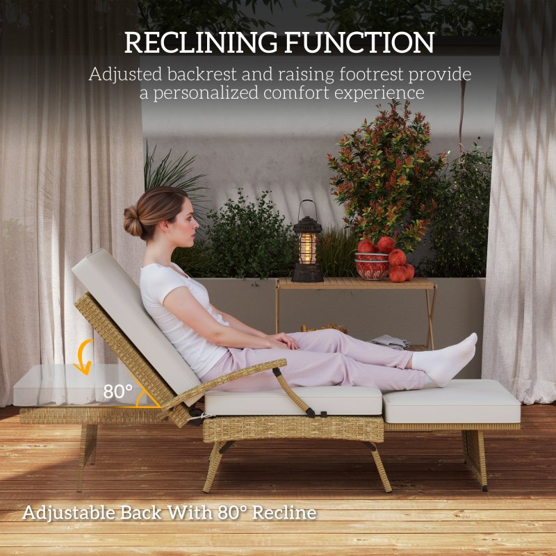 Outsunny Outdoor PE Rattan Recliner Chair with Cushion, Foldable Design Garden Recliner Chair with Retractable Footrest and Adjustable Back with 80 degree Recline, Beige