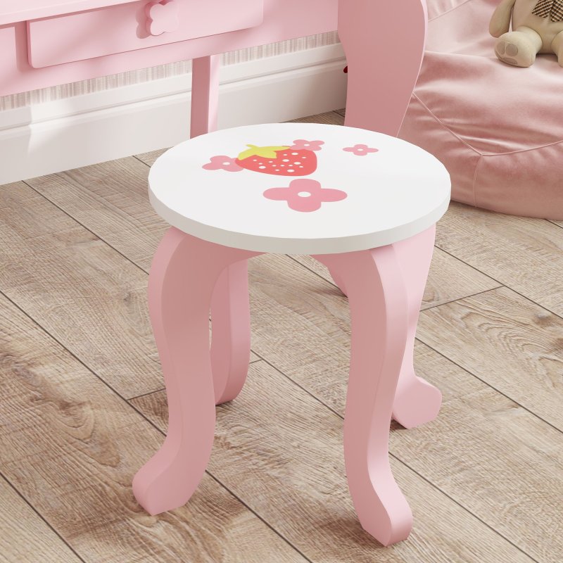 AIYAPLAY Kids Dressing Table Set, Two-Piece Children Vanity Table with Stool, Mirror, Drawer, Desktop Storage, Strawberry-Theme Makeup Desk, Chair, Pink