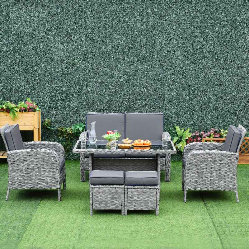 Outsunny 6 Pieces Rattan Garden Furniture Set, 6 Seater Garden Sofa Set with Glass Top Dining Table, Loveseat, 2 Armchairs and Ottomans, Wicker Outdoor Conservatory Furniture for Patio, Grey