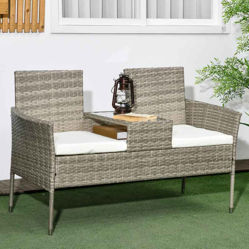 Outsunny 2 Seat Rattan Garden Bench, Patio Wicker Chair with Glass Tea Table, Outdoor Love Seat with Padded Cushions, for Garden, Porch, Mixed Grey/Cream White