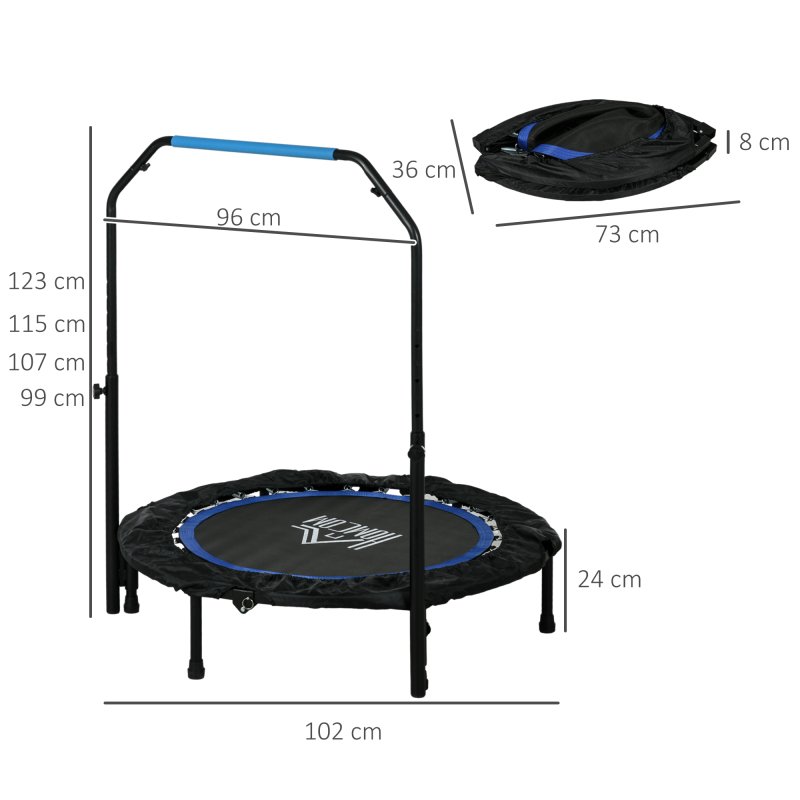 HOMCOM 40" Foldable Mini Trampoline Fitness Trampoline Rebounder for Adults with Adjustable Foam Handle, for Indoors, Outdoors, Cardio Training, Blue