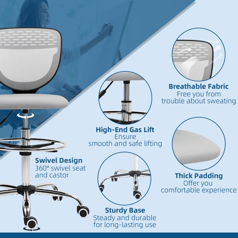 Vinsetto Drafting Chair, Swivel Office Draughtsman Chair, Mesh Standing Desk Chair with Adjustable Foot Ring, Armless, Light Grey