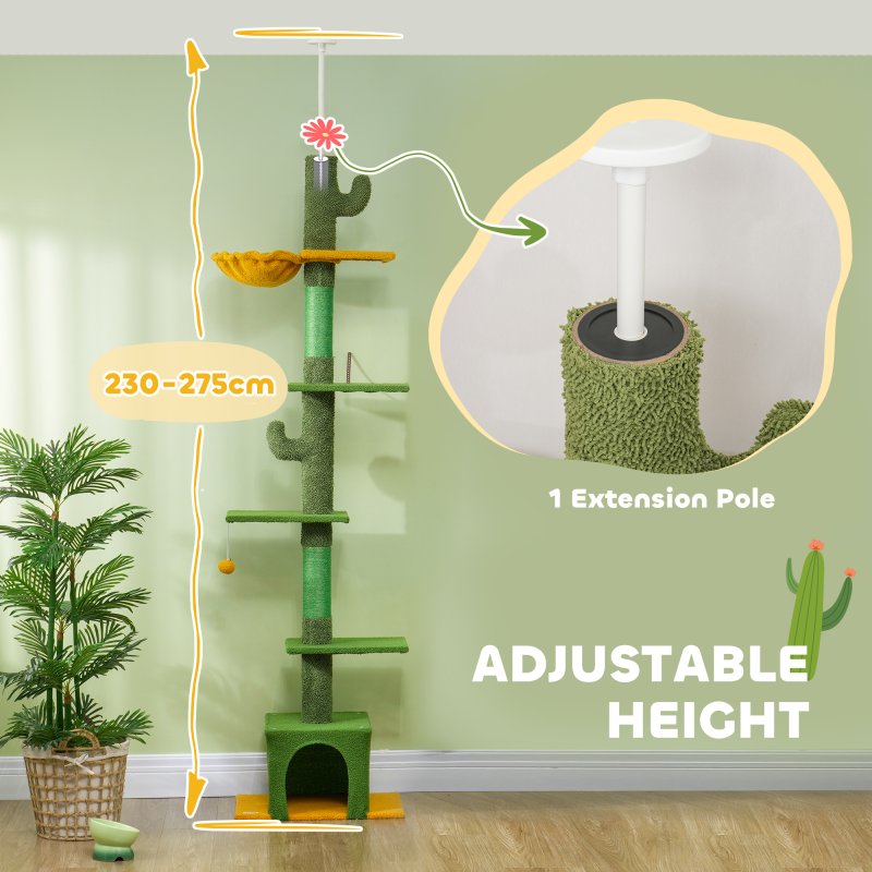 PawHut Floor-to-Ceiling Cat Tree, 230-275cm Height Adjustable Cat Tower, 6-Level Activity Centre for Indoor Cats with Scratching Posts, Cat House, Hammock, Toy Ball, Green