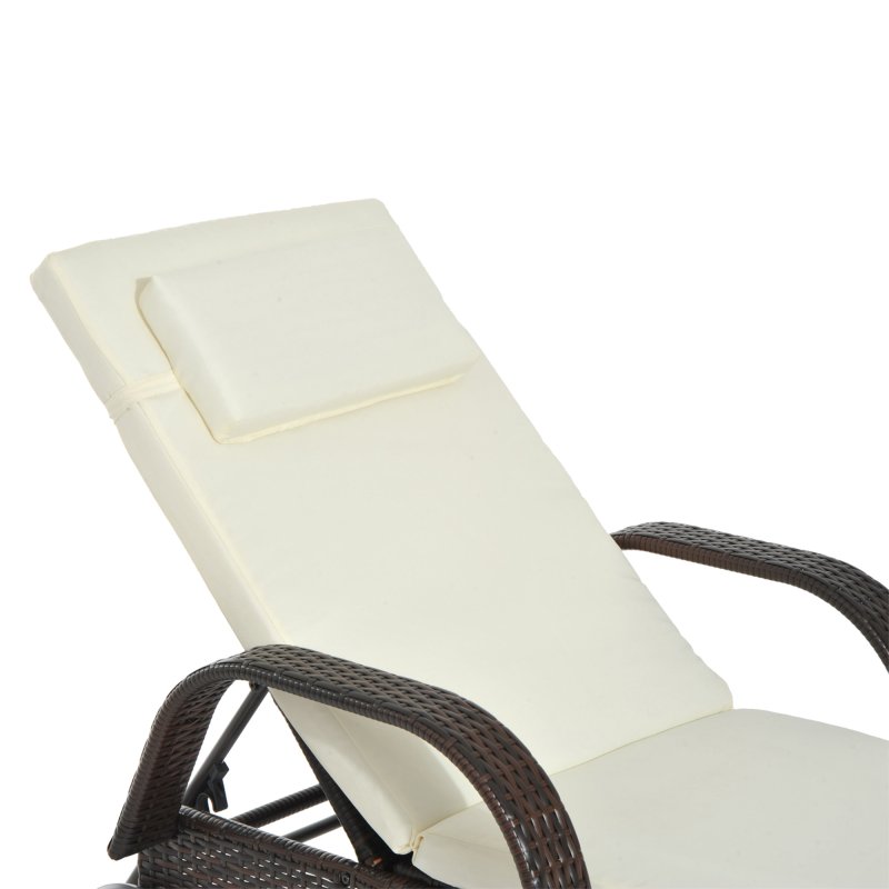 Outsunny Rattan Sun Lounger, Garden Lounger Recliner with Wheels and Adjustable Backrest, Outdoor Reclining Sunbed Garden Chair with Cushion and Headrest for Patio, Beach, Terrace, Brown