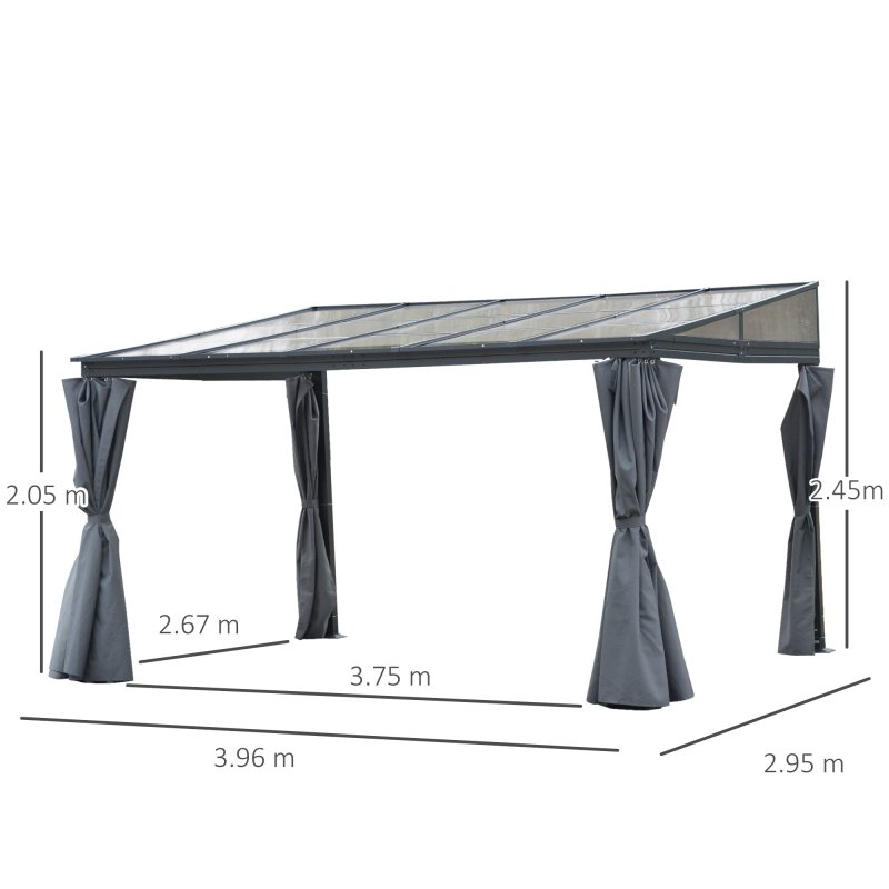 Outsunny 4 x 3(m) Outdoor Hardtop Gazebo with Curtains, Lean to Aluminium Pergola with Polycarbonate Roof, Garden Pavilion Sun Shade Shelter, Grey