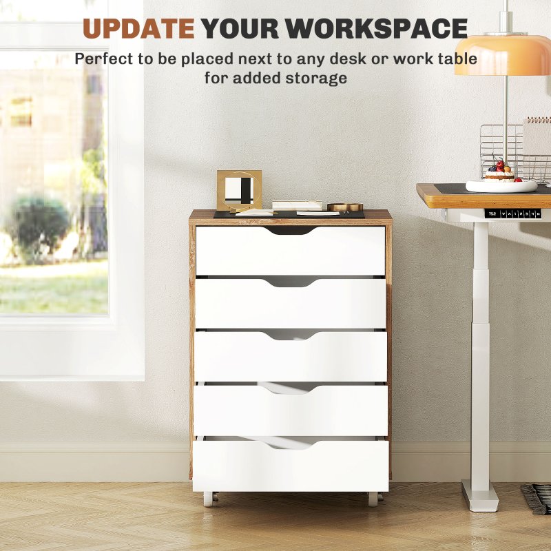 Vinsetto Vertical Filing Cabinet, 5-drawer File Cabinet, Mobile Office Cabinet on Wheels for Study, Home Office, Oak