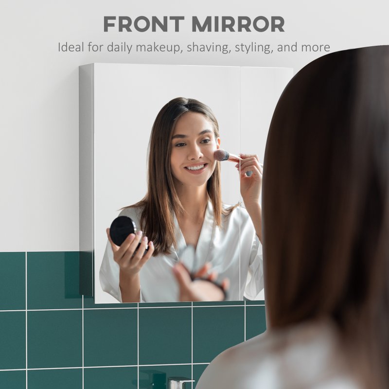 kleankin Bathroom Mirror Cabinet, Stainless Steel Wall-Mounted Bathroom Storage Cabinet with 2 Hinged Doors and Shelves for Laundry Room, 54W x 60Hcm, Silver