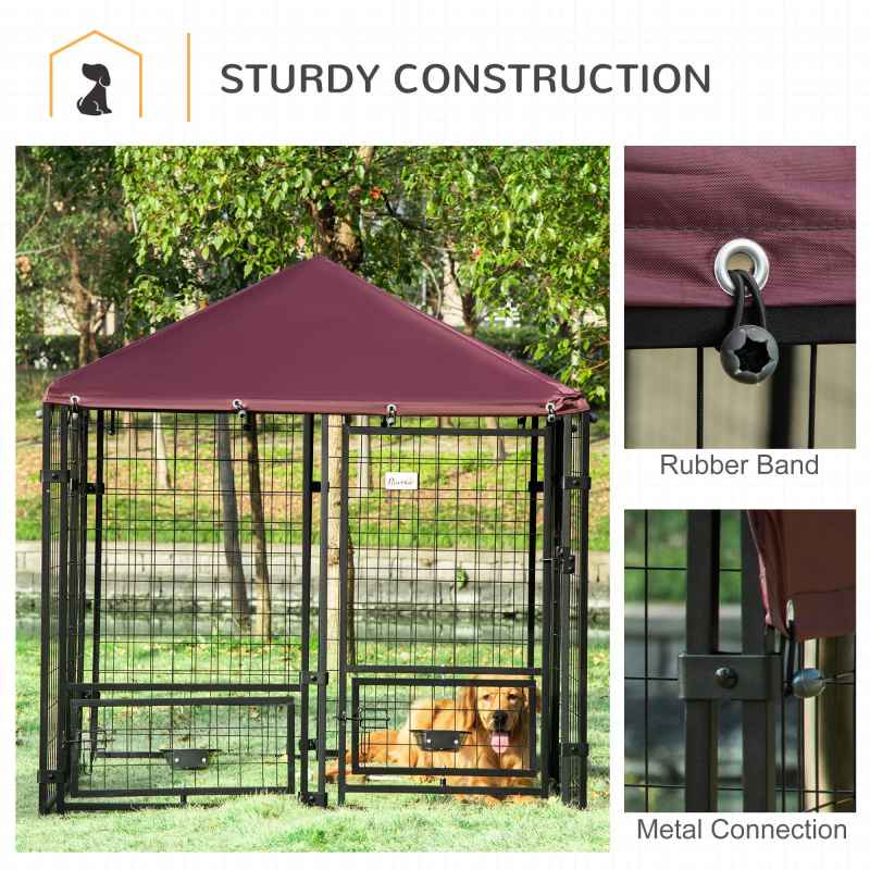 PawHut Outdoor Dog Kennel with Rotating Bowl Holders, Dog Run with Water and UV-Resistant Cover for Medium & Small Dogs, Red