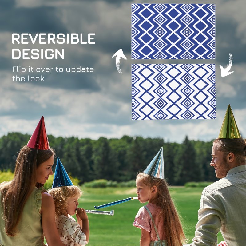 Outsunny Reversible Outdoor Rug with Carry Bag, Waterproof Plastic Straw Mat for Garden, Deck, RV, Picnic, Beach, Camping, 182 x 274cm, Blue and White