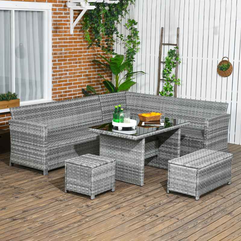 Outsunny 5 Pieces PE Rattan Garden Furniture Set with Corner Sofa, Patio Sofa Set with Glass Table, Stools, Cushions, for Poolside, Mixed Grey