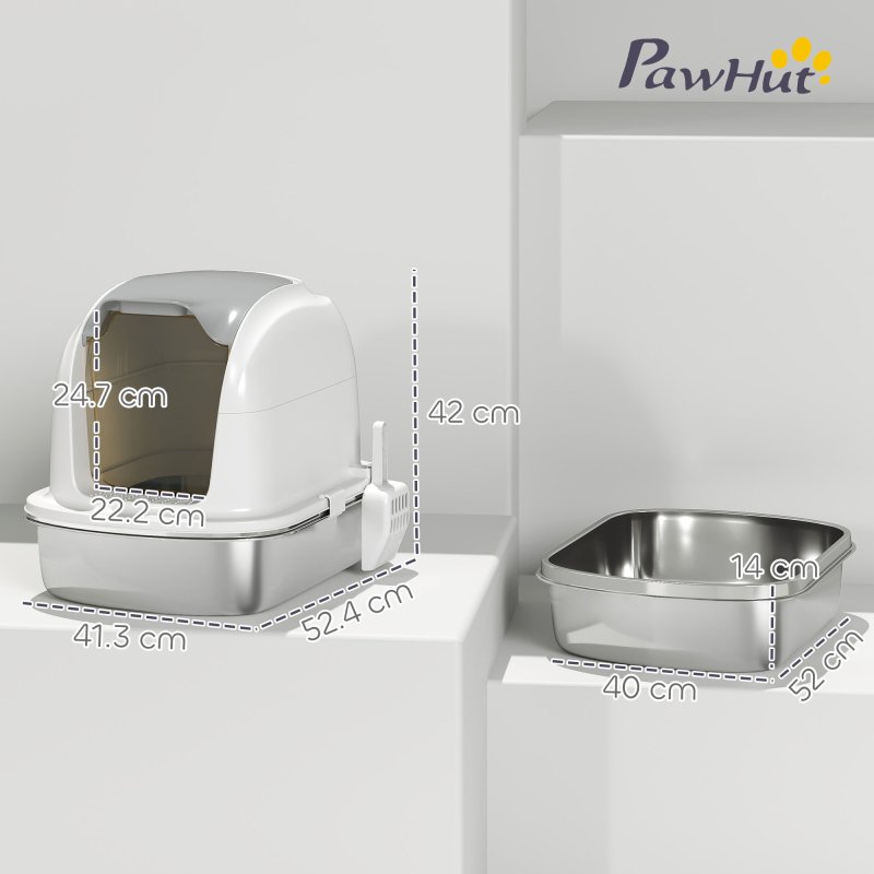 PawHut Stainless Steel Cat Litter Tray with Lid, High-Sided XL Enclosed Metal Litter Box for Big Cats with Scoop, Flip-Cover, Easy Clean