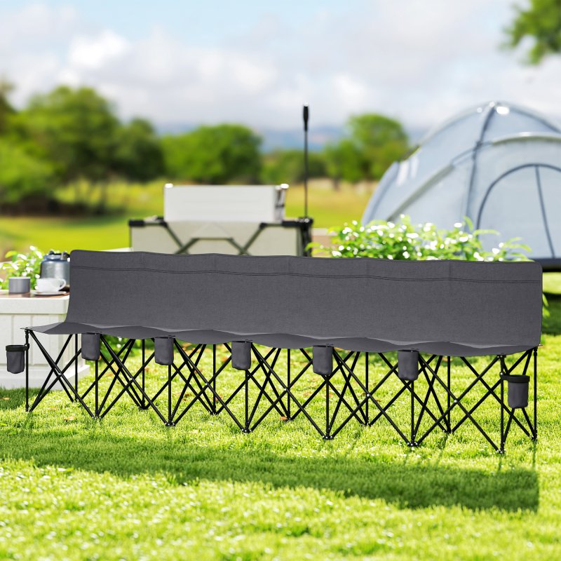 Outsunny 6 Seater Folding Bench, Outdoor Camping Chair Portable Sports Spectator Chair with Metal Frame, Cup Holder & Carry Bag, Charcoal Grey