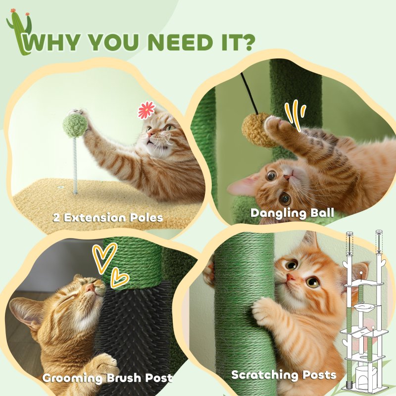 PawHut Floor to Ceiling Cat Tree, 225-255cm Adjustable Cat Tower Indoor, Multi-Level Activity Centre with Sisal Scratching Posts, Grooming Brush Post, Hammocks, Green
