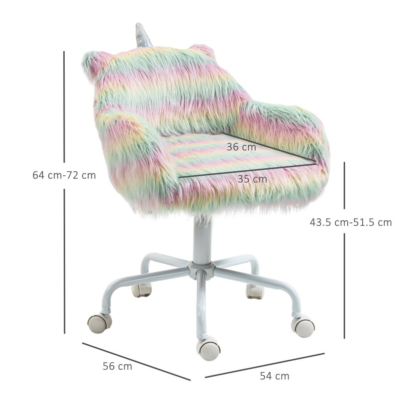Vinsetto Fluffy Desk Chair with Arms, Faux Fur Home Office Chair, Unicorn Swivel Chair with Adjustable Height and Wheels, Colourful
